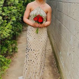 gold aidan mattox dress
